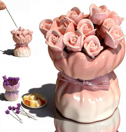 12-Piece Rose-Shaped Stainless Steel Fruit Forks Set with Ceramic Vase — Silver Mini Forks for Coffee Bar Accessories, Kitchen, Party & Restaurant Use (Gradation Pink Rose)