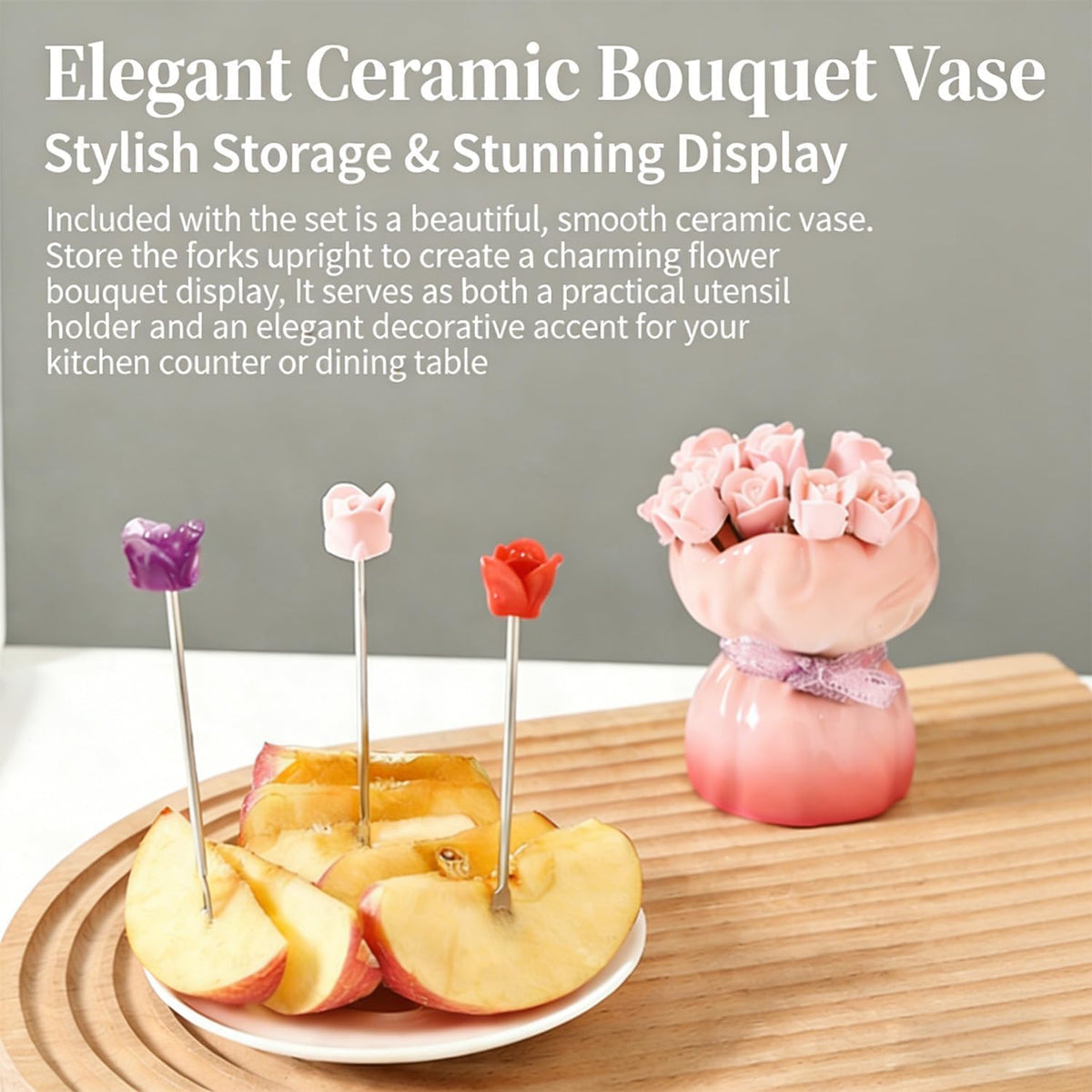 12-Piece Rose-Shaped Stainless Steel Fruit Forks Set with Ceramic Vase — Silver Mini Forks for Coffee Bar Accessories, Kitchen, Party & Restaurant Use (Gradation Pink Rose)