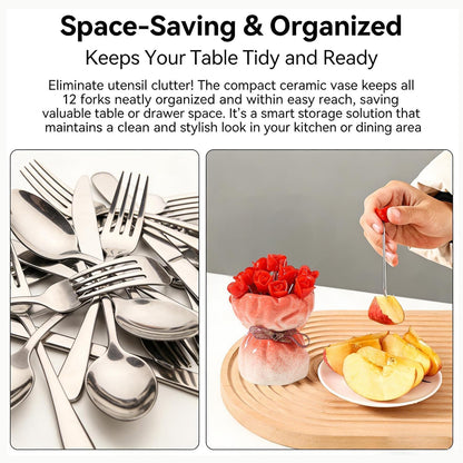 12-Piece Rose-Shaped Stainless Steel Fruit Forks Set with Ceramic Vase — Silver Mini Forks for Coffee Bar Accessories, Kitchen, Party & Restaurant Use (Gradation Pink Rose)