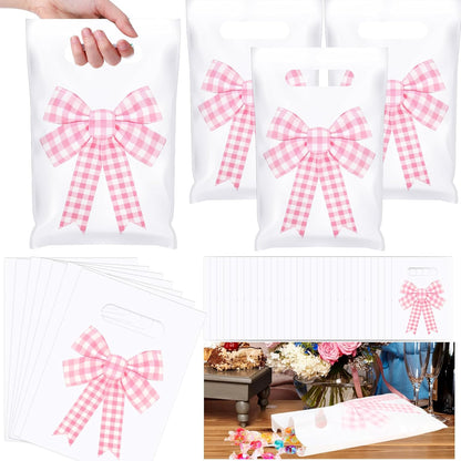 100 Pcs Pink Bow Gift Bags Coquette Plaid Bow Party Favor Plastic Bags Bulk with Handle for Birthday Wedding Bridal Shower Spring Easter Pastel Goodie Treat Bachelorette Party Supplies