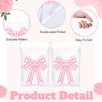 100 Pcs Pink Bow Gift Bags Coquette Plaid Bow Party Favor Plastic Bags Bulk with Handle for Birthday Wedding Bridal Shower Spring Easter Pastel Goodie Treat Bachelorette Party Supplies