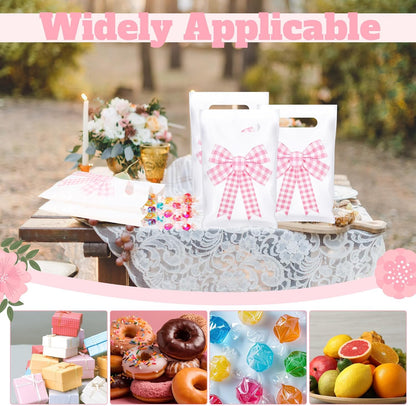 100 Pcs Pink Bow Gift Bags Coquette Plaid Bow Party Favor Plastic Bags Bulk with Handle for Birthday Wedding Bridal Shower Spring Easter Pastel Goodie Treat Bachelorette Party Supplies