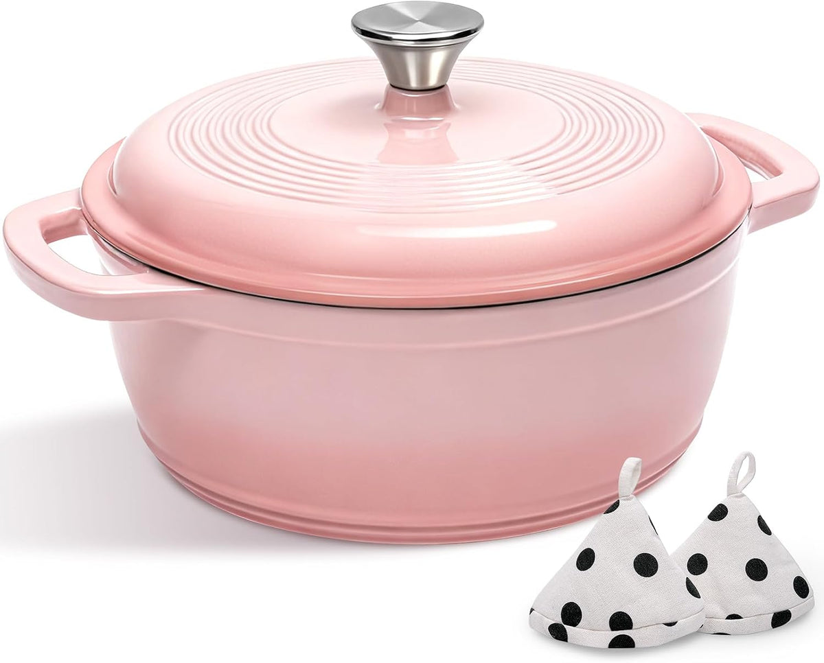 Cast Iron Dutch Oven Pot With Lid - 5QT Enameled Dutch Oven for Bread Baking With Cotton Potholders - Heavy- Duty Cookware Across All Cooktops, Wedding Registry Ideas & Gifts, Pink
