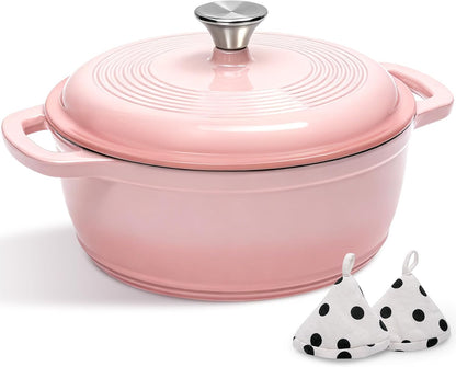 Cast Iron Dutch Oven Pot With Lid - 5QT Enameled Dutch Oven for Bread Baking With Cotton Potholders - Heavy- Duty Cookware Across All Cooktops, Wedding Registry Ideas & Gifts, Pink