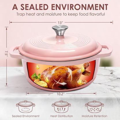 Cast Iron Dutch Oven Pot With Lid - 5QT Enameled Dutch Oven for Bread Baking With Cotton Potholders - Heavy- Duty Cookware Across All Cooktops, Wedding Registry Ideas & Gifts, Pink