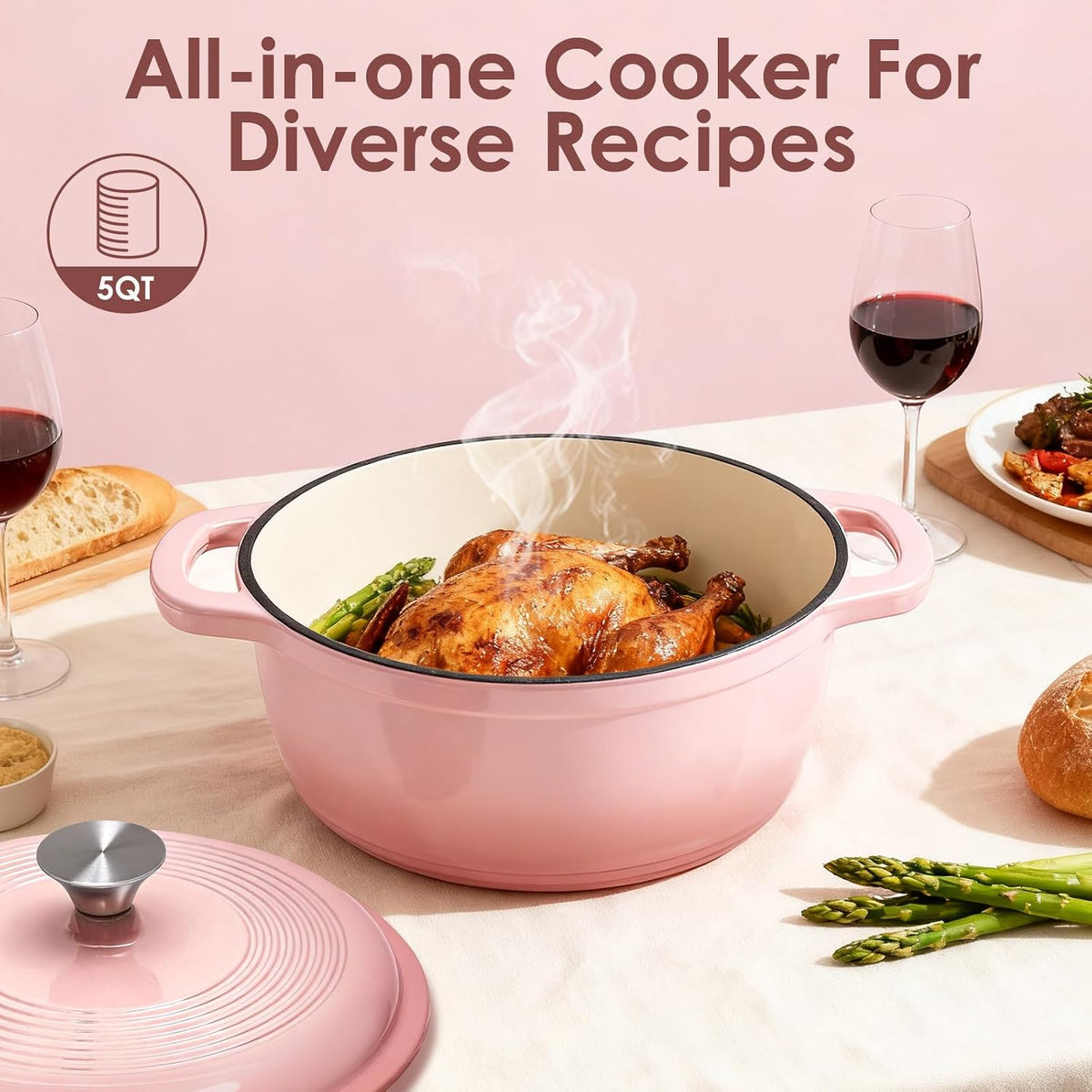Cast Iron Dutch Oven Pot With Lid - 5QT Enameled Dutch Oven for Bread Baking With Cotton Potholders - Heavy- Duty Cookware Across All Cooktops, Wedding Registry Ideas & Gifts, Pink
