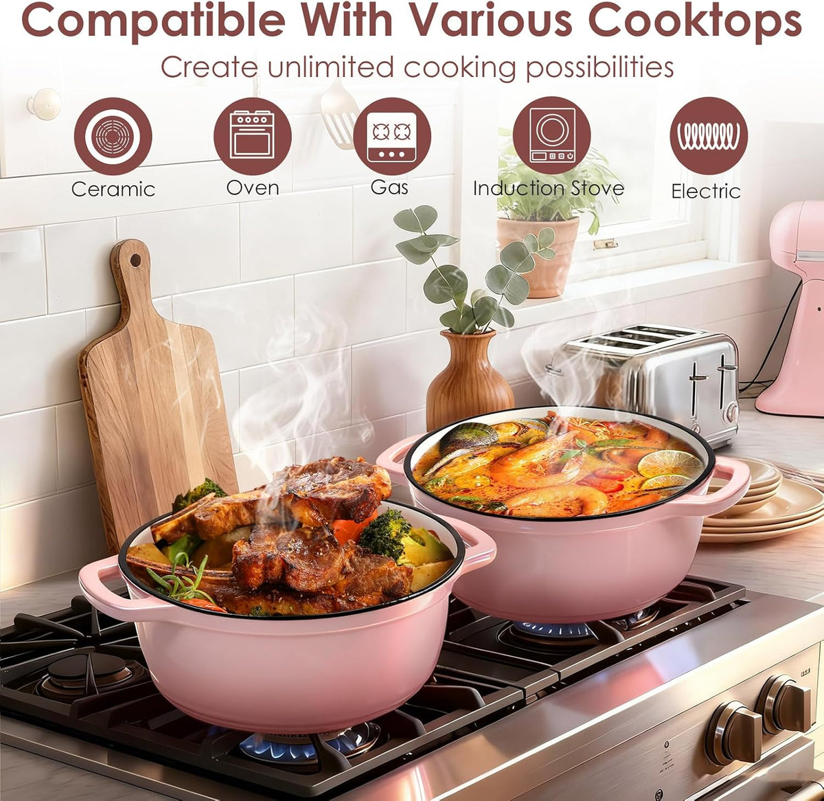 Cast Iron Dutch Oven Pot With Lid - 5QT Enameled Dutch Oven for Bread Baking With Cotton Potholders - Heavy- Duty Cookware Across All Cooktops, Wedding Registry Ideas & Gifts, Pink