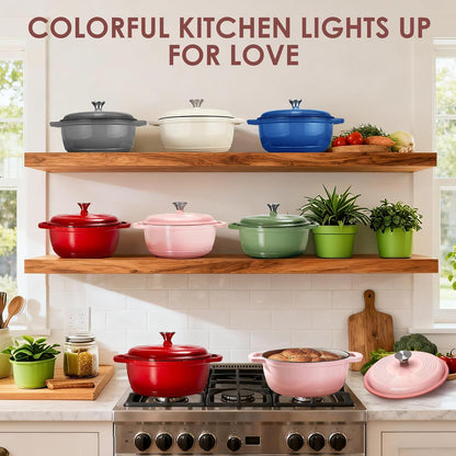 Cast Iron Dutch Oven Pot With Lid - 5QT Enameled Dutch Oven for Bread Baking With Cotton Potholders - Heavy- Duty Cookware Across All Cooktops, Wedding Registry Ideas & Gifts, Pink