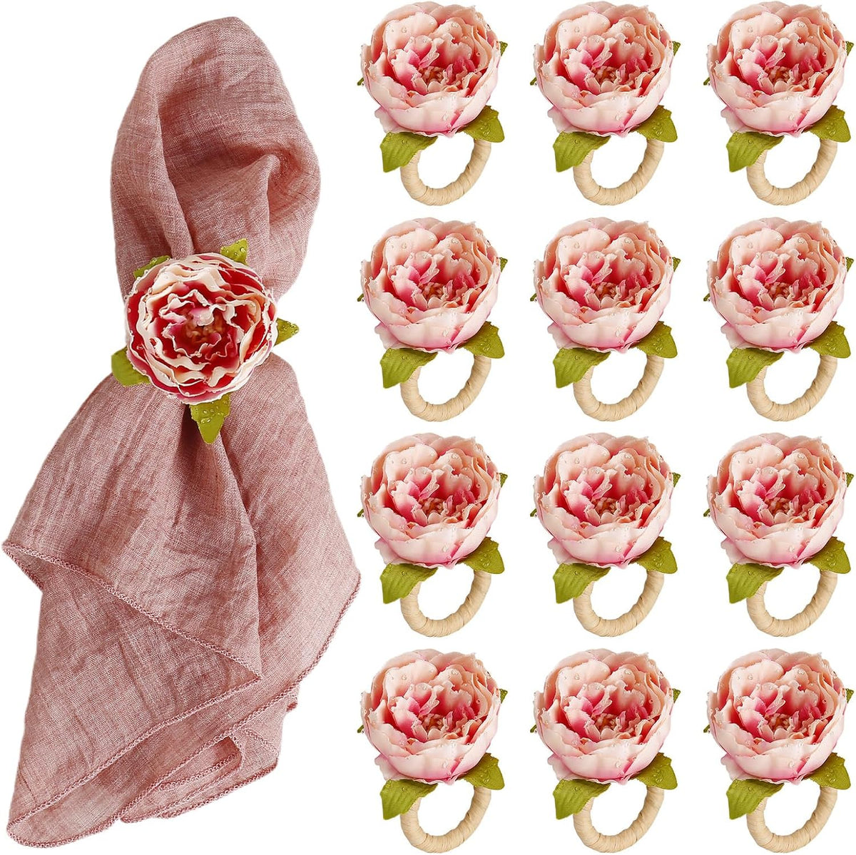 Farmhouse Flower Napkin Rings Set of 12, Faux Pink Rose Napkin Ring Serviette Holder for Spring Holiday, Mothers Day, Table Decor, Family Union, Dinner Setting(Rose Pink)