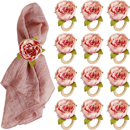 Farmhouse Flower Napkin Rings Set of 12, Faux Pink Rose Napkin Ring Serviette Holder for Spring Holiday, Mothers Day, Table Decor, Family Union, Dinner Setting(Rose Pink)