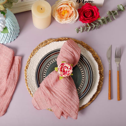 Farmhouse Flower Napkin Rings Set of 12, Faux Pink Rose Napkin Ring Serviette Holder for Spring Holiday, Mothers Day, Table Decor, Family Union, Dinner Setting(Rose Pink)