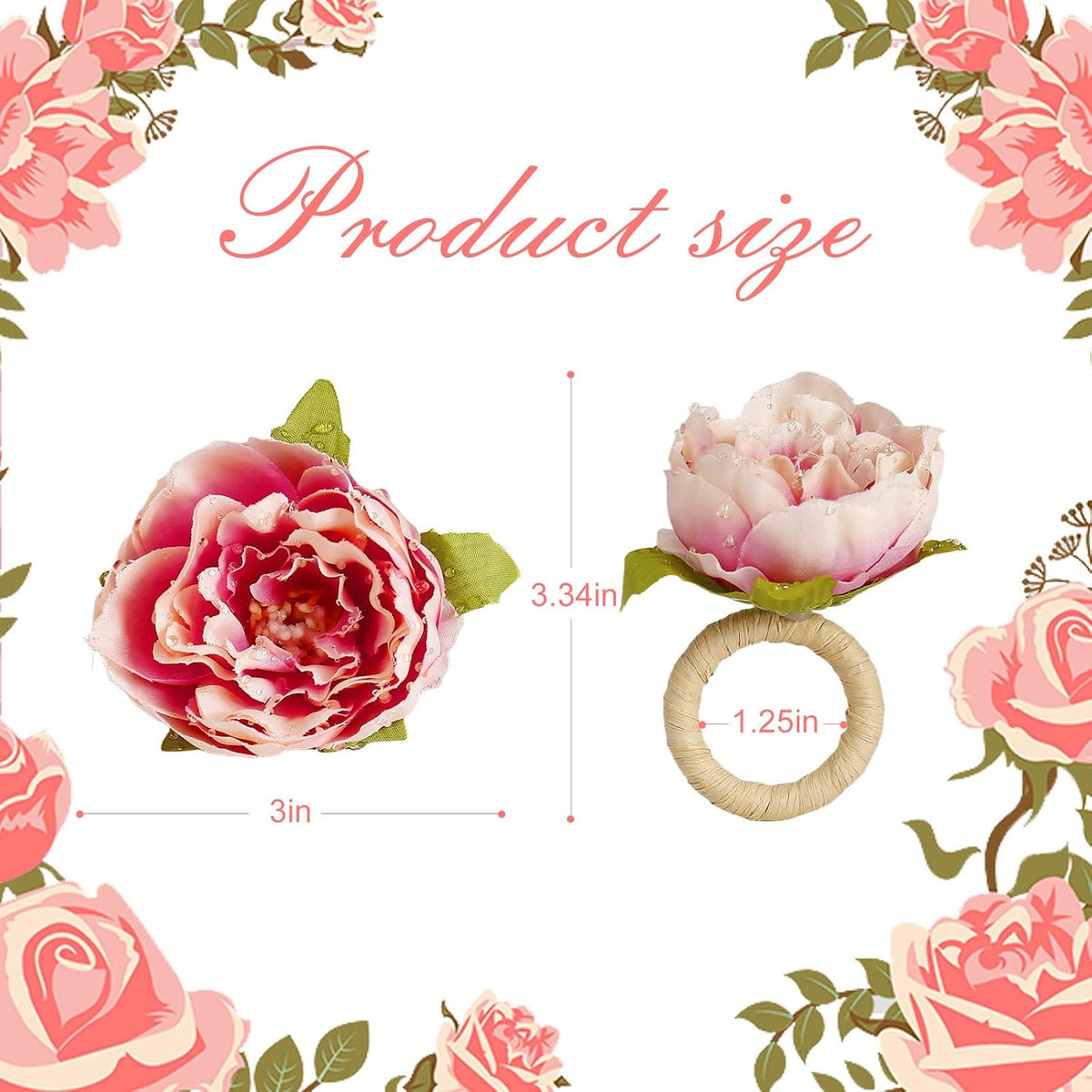 Farmhouse Flower Napkin Rings Set of 12, Faux Pink Rose Napkin Ring Serviette Holder for Spring Holiday, Mothers Day, Table Decor, Family Union, Dinner Setting(Rose Pink)