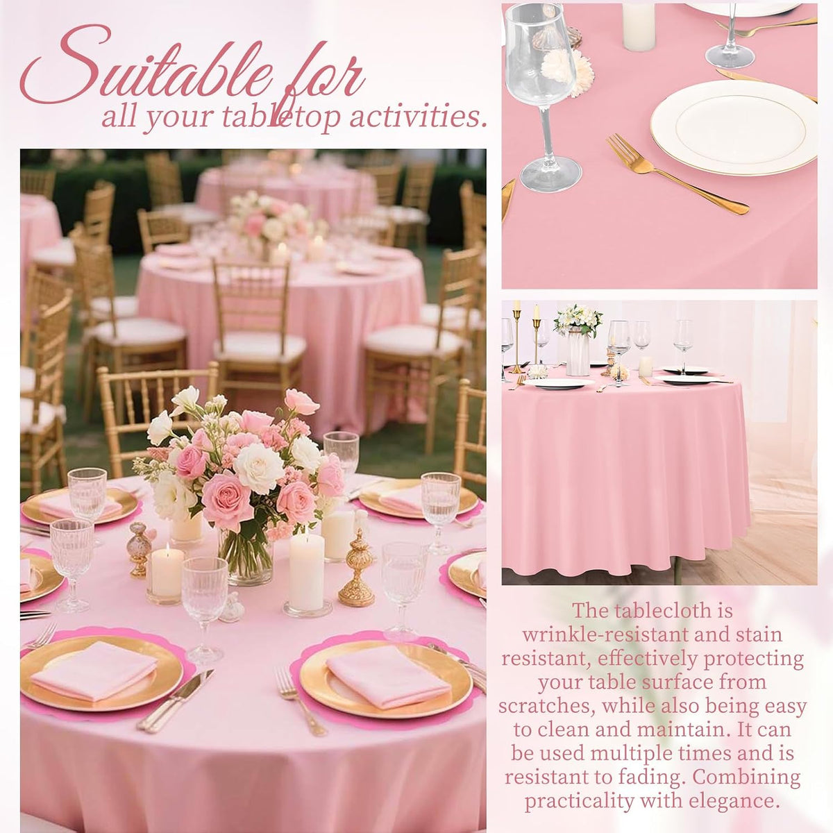 10 Pack Pink Round Tablecloth 90 Inch, Waterproof Table Cover