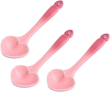(3 Pieces) Color Glaze Gradient Ceramic Spoon Household 5.5-inch Small Cute Heart-shaped Dessert Coffee Soup (Pink)