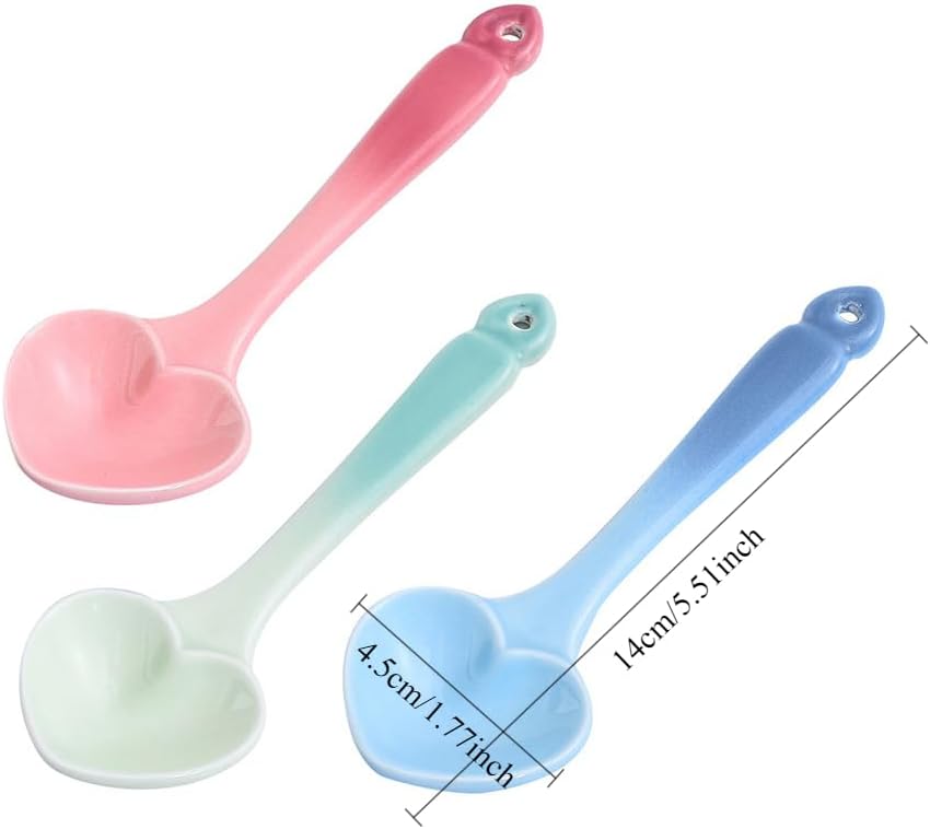 (3 Pieces) Color Glaze Gradient Ceramic Spoon Household 5.5-inch Small Cute Heart-shaped Dessert Coffee Soup (Pink)