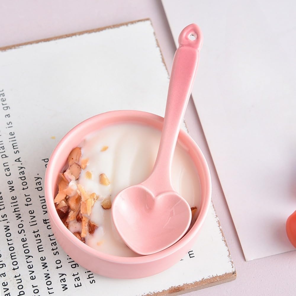 (3 Pieces) Color Glaze Gradient Ceramic Spoon Household 5.5-inch Small Cute Heart-shaped Dessert Coffee Soup (Pink)