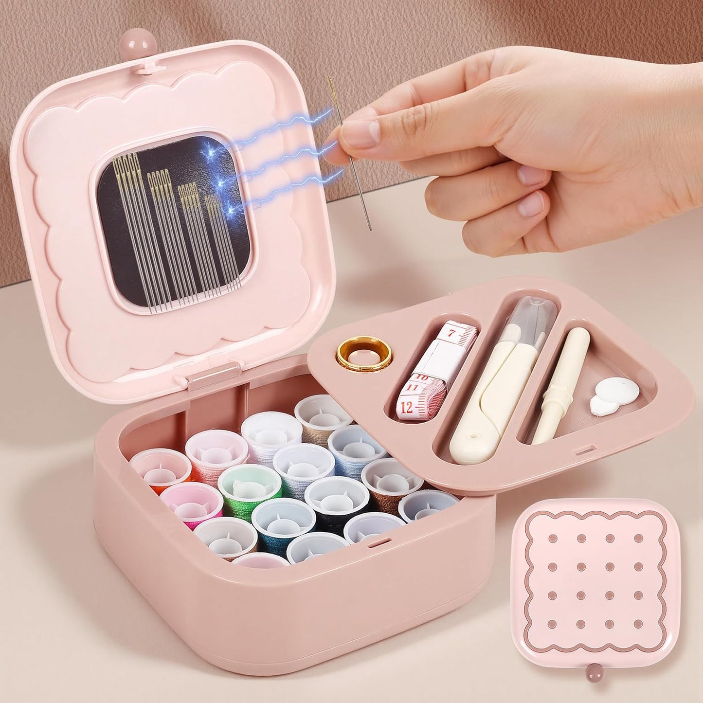Small Sewing Kit Box: Cute Portable 2-Layer Organizer Magnetic Needle and Thread Kits Holder Basic Case - Home Clothes Repair for Beginners (Pink)