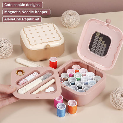 Small Sewing Kit Box: Cute Portable 2-Layer Organizer Magnetic Needle and Thread Kits Holder Basic Case - Home Clothes Repair for Beginners (Pink)