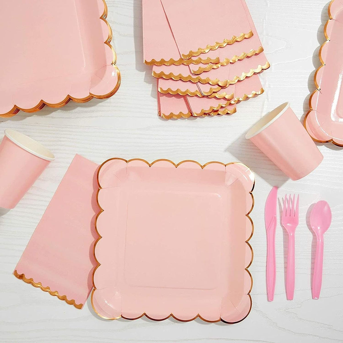 3-Ply Paper Dinner Napkins - Pink Napkins with Scalloped Gold Foil Edges - Disposable Absorbent for Weddings & Parties - 3 Ply, Pink - 50 Pack - 4 x 8 in