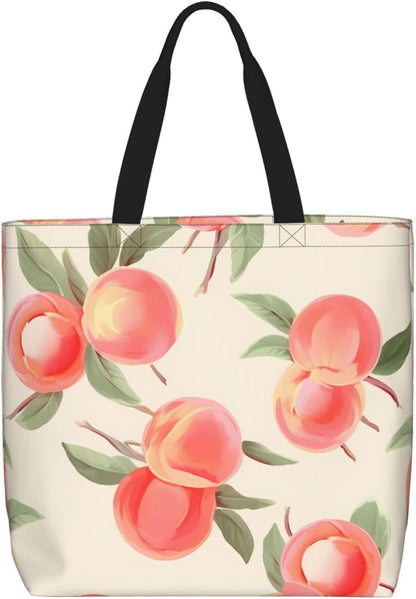 Pink Peach Pattern Womens Tote Bag Large Reusable Grocery Bags Casual Shoulder Bags For Shopping, Travel, Work Gift For Women