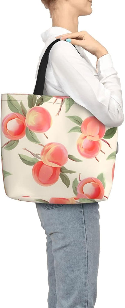 Pink Peach Pattern Womens Tote Bag Large Reusable Grocery Bags Casual Shoulder Bags For Shopping, Travel, Work Gift For Women