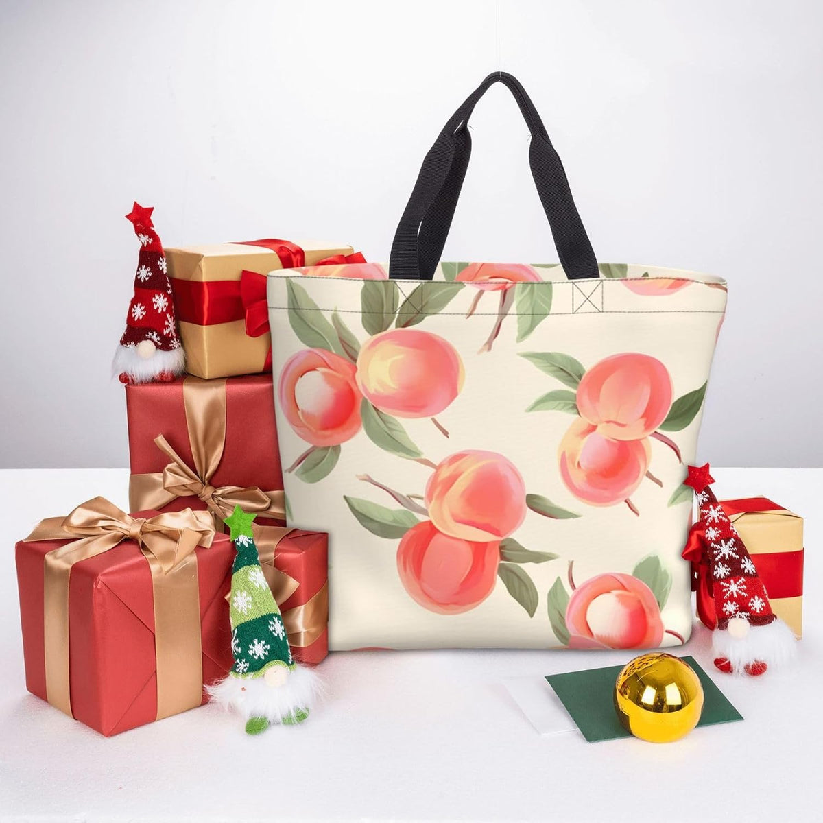 Pink Peach Pattern Womens Tote Bag Large Reusable Grocery Bags Casual Shoulder Bags For Shopping, Travel, Work Gift For Women