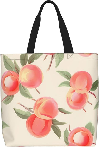 Pink Peach Pattern Womens Tote Bag Large Reusable Grocery Bags Casual Shoulder Bags For Shopping, Travel, Work Gift For Women