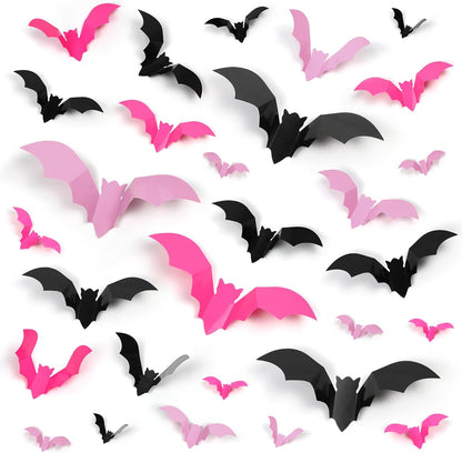 72 Pcs Bats Pink Halloween Decoration, 3D Bat Wall Decor Stickers