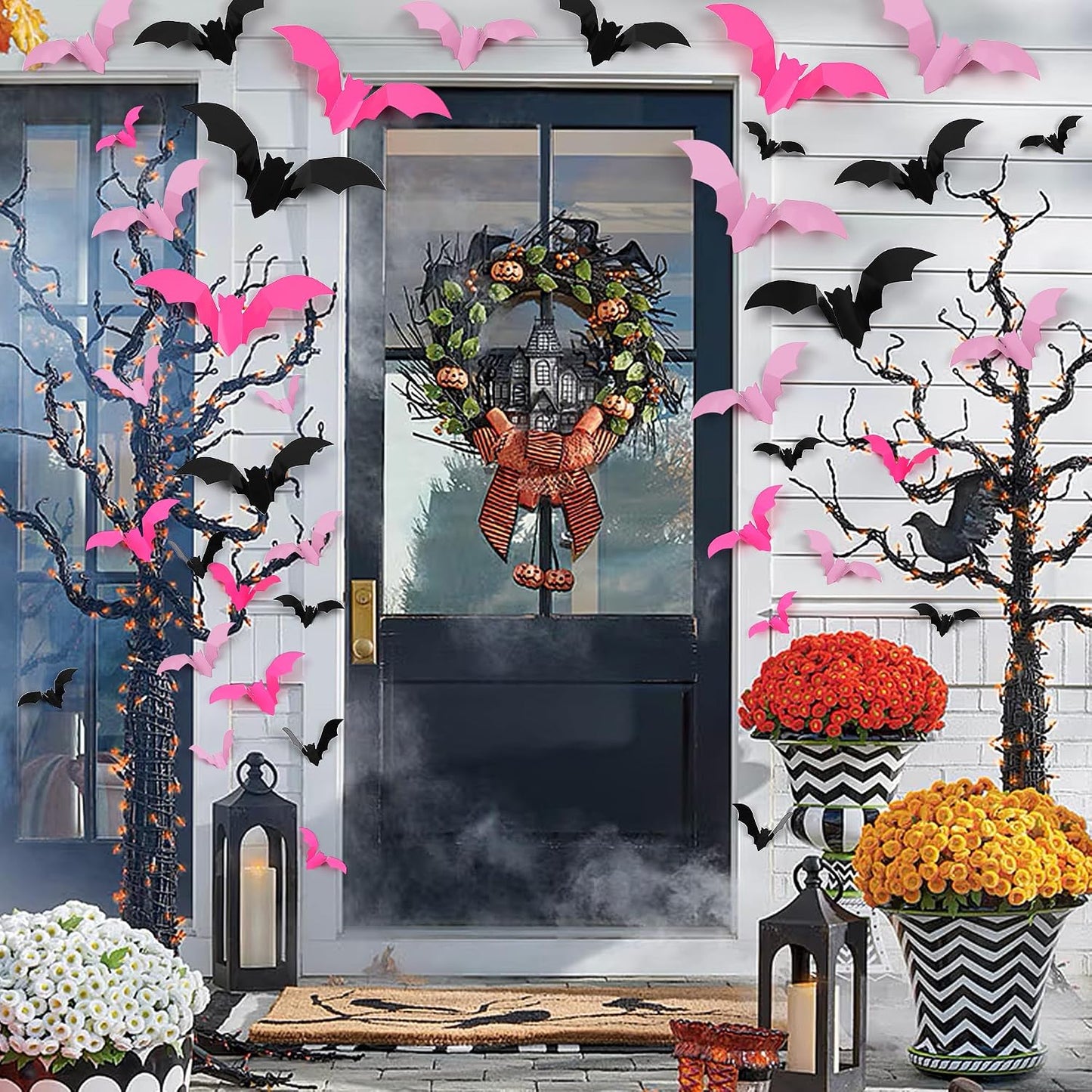 72 Pcs Bats Pink Halloween Decoration, 3D Bat Wall Decor Stickers