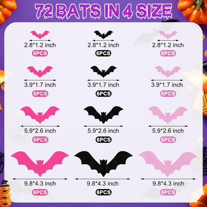 72 Pcs Bats Pink Halloween Decoration, 3D Bat Wall Decor Stickers