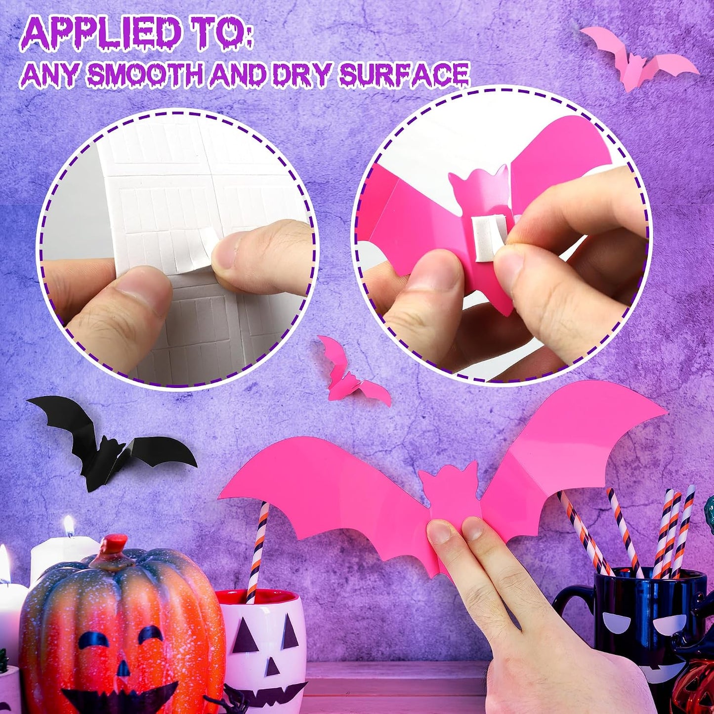 72 Pcs Bats Pink Halloween Decoration, 3D Bat Wall Decor Stickers