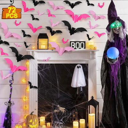 72 Pcs Bats Pink Halloween Decoration, 3D Bat Wall Decor Stickers