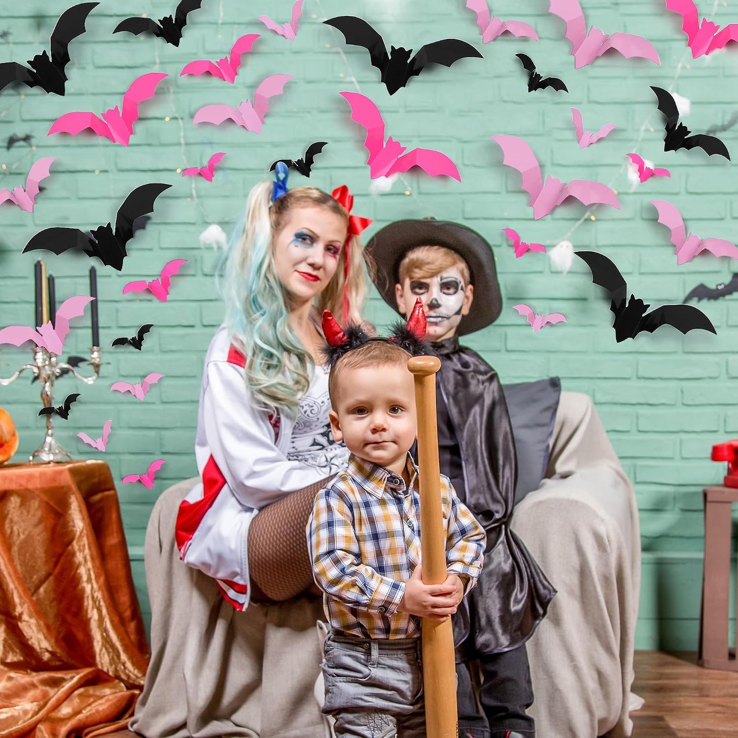 72 Pcs Bats Pink Halloween Decoration, 3D Bat Wall Decor Stickers