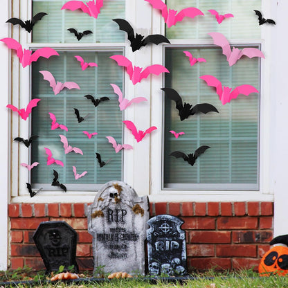 72 Pcs Bats Pink Halloween Decoration, 3D Bat Wall Decor Stickers