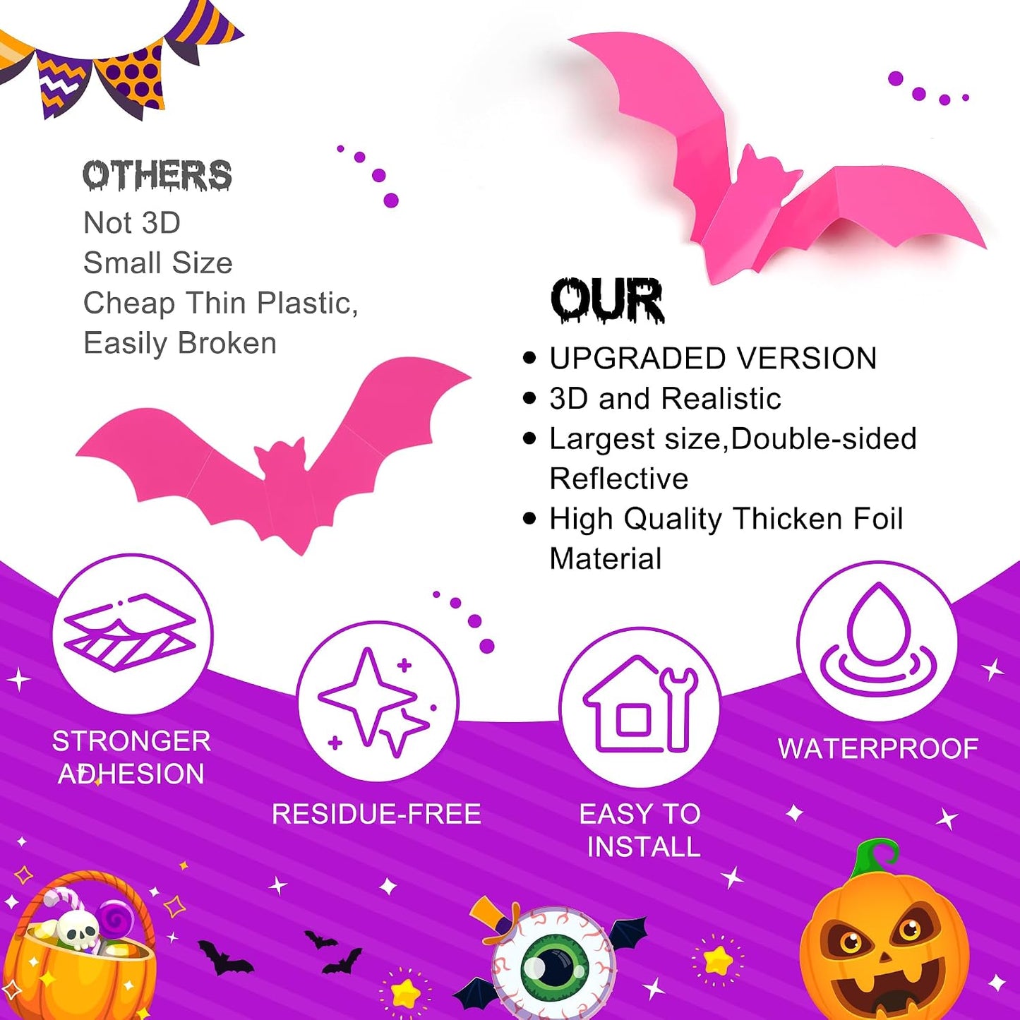 72 Pcs Bats Pink Halloween Decoration, 3D Bat Wall Decor Stickers