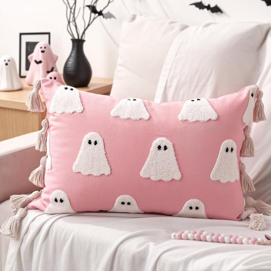 Halloween Decor Throw Pillow Covers: Cute Pink White Ghost Halloween Lumbar Pillow Covers, Plush Ghosts Pink Soft Cushion Decorations with Boho Tassels for Kids Home Sofa Bed Office Couch Living Room