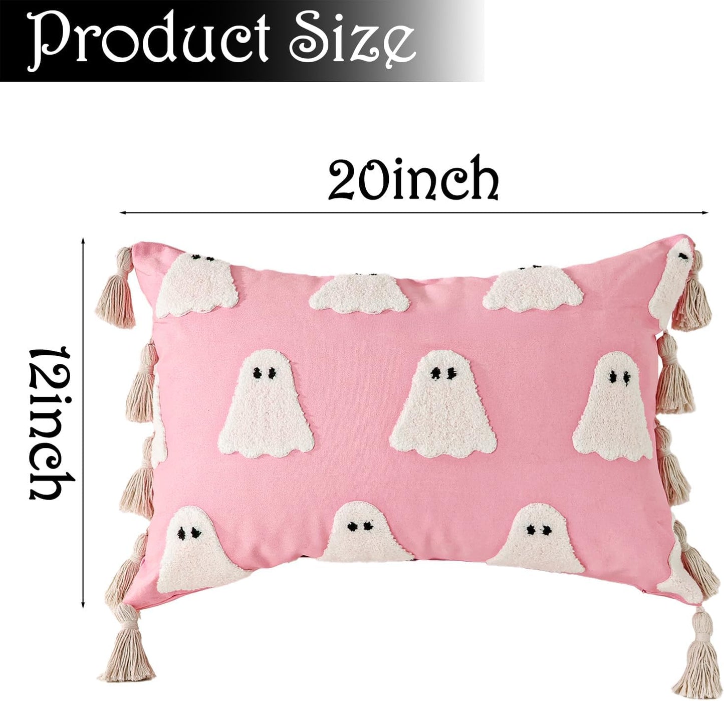 Halloween Decor Throw Pillow Covers: Cute Pink White Ghost Halloween Lumbar Pillow Covers, Plush Ghosts Pink Soft Cushion Decorations with Boho Tassels for Kids Home Sofa Bed Office Couch Living Room