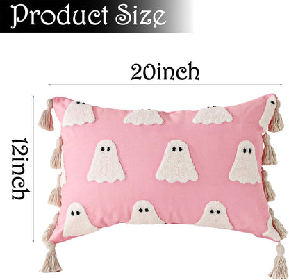 Halloween Decor Throw Pillow Covers: Cute Pink White Ghost Halloween Lumbar Pillow Covers, Plush Ghosts Pink Soft Cushion Decorations with Boho Tassels for Kids Home Sofa Bed Office Couch Living Room