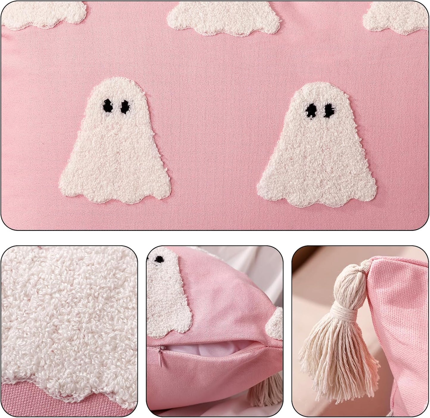 Halloween Decor Throw Pillow Covers: Cute Pink White Ghost Halloween Lumbar Pillow Covers, Plush Ghosts Pink Soft Cushion Decorations with Boho Tassels for Kids Home Sofa Bed Office Couch Living Room