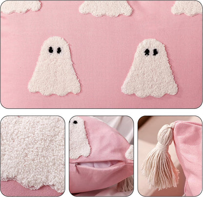 Halloween Decor Throw Pillow Covers: Cute Pink White Ghost Halloween Lumbar Pillow Covers, Plush Ghosts Pink Soft Cushion Decorations with Boho Tassels for Kids Home Sofa Bed Office Couch Living Room