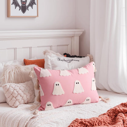 Halloween Decor Throw Pillow Covers: Cute Pink White Ghost Halloween Lumbar Pillow Covers, Plush Ghosts Pink Soft Cushion Decorations with Boho Tassels for Kids Home Sofa Bed Office Couch Living Room