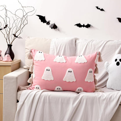 Halloween Decor Throw Pillow Covers: Cute Pink White Ghost Halloween Lumbar Pillow Covers, Plush Ghosts Pink Soft Cushion Decorations with Boho Tassels for Kids Home Sofa Bed Office Couch Living Room