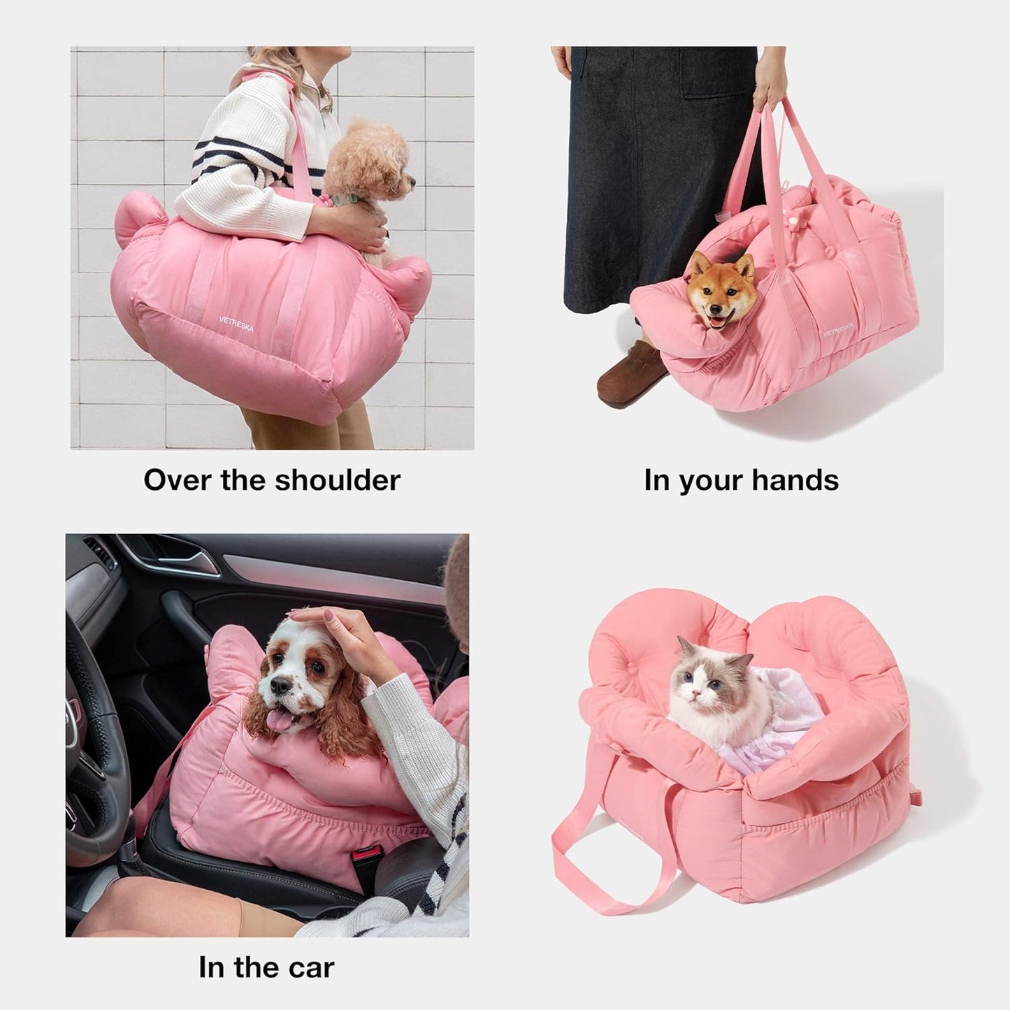 VETRESKA Dog Carrier Dog Car Seat for Small Dogs - Washable Cat Carrier Portable Puppy Bed for Car Seat of Easy Installation Pet Travel Carrier Bed with Storage Pocket & Safety Clip-On Leas