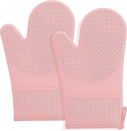 Silicone Oven Mitts, Heat Resistant 500F Kitchen Mitts 2PCS, 11.6" BPA-Free Soft Baking Gloves, Non-Slip Grip Oven Gloves with Soft Cotton Lining for Kitchen Cooking Baking BBQ - Pink