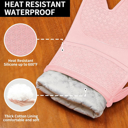 Silicone Oven Mitts, Heat Resistant 500F Kitchen Mitts 2PCS, 11.6" BPA-Free Soft Baking Gloves, Non-Slip Grip Oven Gloves with Soft Cotton Lining for Kitchen Cooking Baking BBQ - Pink