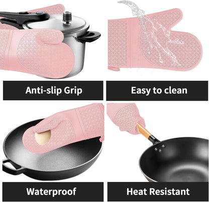 Silicone Oven Mitts, Heat Resistant 500F Kitchen Mitts 2PCS, 11.6" BPA-Free Soft Baking Gloves, Non-Slip Grip Oven Gloves with Soft Cotton Lining for Kitchen Cooking Baking BBQ - Pink