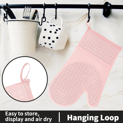 Silicone Oven Mitts, Heat Resistant 500F Kitchen Mitts 2PCS, 11.6" BPA-Free Soft Baking Gloves, Non-Slip Grip Oven Gloves with Soft Cotton Lining for Kitchen Cooking Baking BBQ - Pink