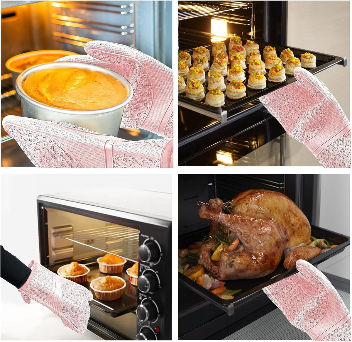 Silicone Oven Mitts, Heat Resistant 500F Kitchen Mitts 2PCS, 11.6" BPA-Free Soft Baking Gloves, Non-Slip Grip Oven Gloves with Soft Cotton Lining for Kitchen Cooking Baking BBQ - Pink