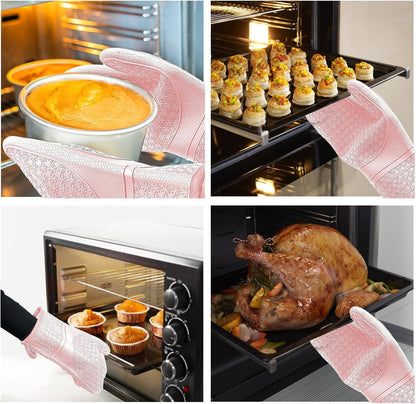 Silicone Oven Mitts, Heat Resistant 500F Kitchen Mitts 2PCS, 11.6" BPA-Free Soft Baking Gloves, Non-Slip Grip Oven Gloves with Soft Cotton Lining for Kitchen Cooking Baking BBQ - Pink