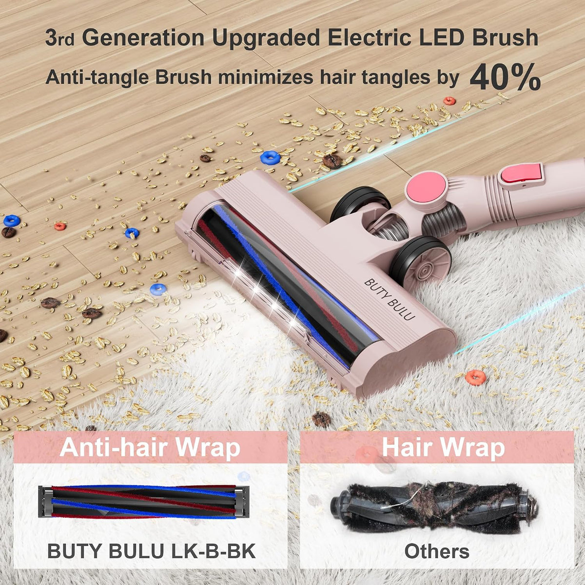 Cordless Stick Vacuum Cleaner, 30KPa Handheld Rechargeable Battery Lightweight Small Pink Vac Electirc Broom, 40Mins Runtime for Home Hard Floor Carpet Pet Hair Cleaning, LED Screen
